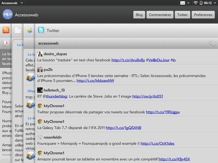 Application AccessOWeb sur le Touchpad Application AccessOWeb sur le Touchpad