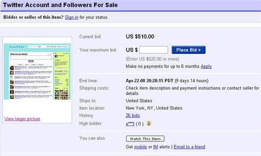 Le compte Twitter de Adrew Baron en vente sur eBay