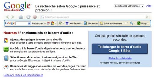 Google Toolbar 5 pour Firefox