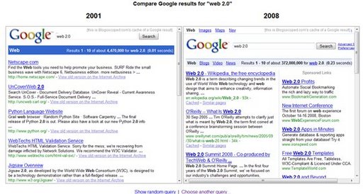 Comparaison de résultats de recherche sur Google en 2001 et 2008