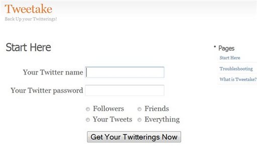 Tweetake et TwitterSafe - 2 nouveaux services pour faire un Backup de votre compte Twitter