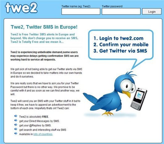 Twe2 - SMS gratuits pour Twitter