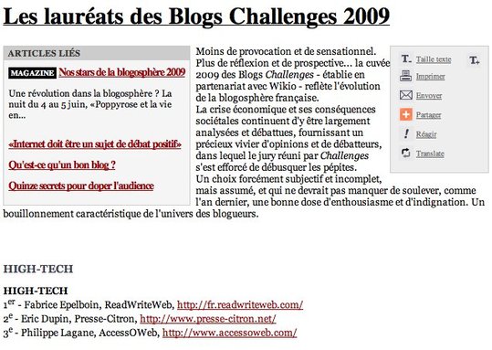 Challenges 2009 - Honneur d'y avoir été cité