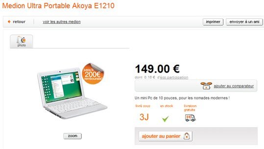 Medion Akoya E1210 à 149 € chez Orange