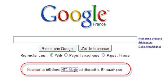 Google fait de la promo pour HTC et SFR sur sa page d'accueil