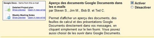 Gmail Labs - Aperçu des documents Google Documents dans Gmail