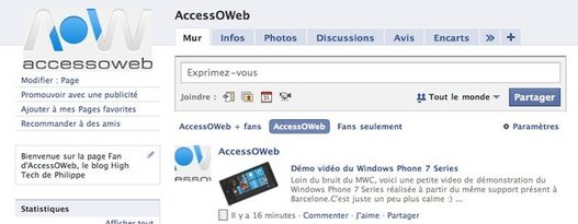 La page Fan d'AccessOWeb sur Facebook