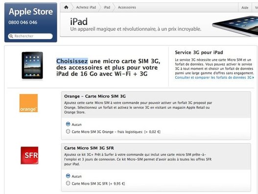 Les Micro Sim Orange et SFR sur l'Apple Store avec l'iPad 3G