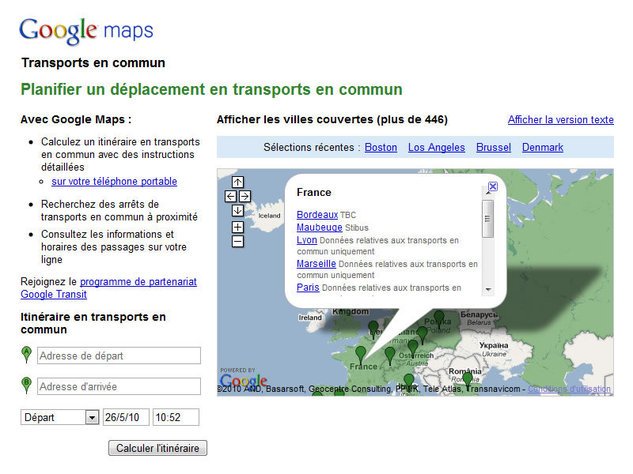 Google Transit : itinéraire des transports en communs