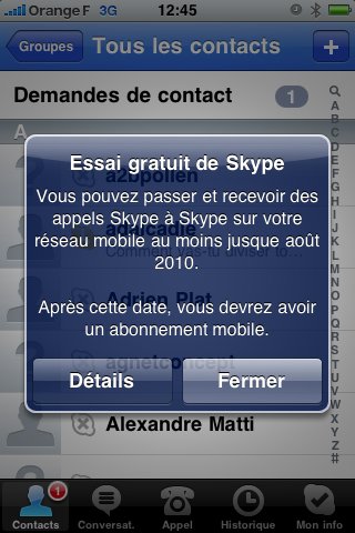Skype 2.0 pour iPhone autorise les appels via la 3G