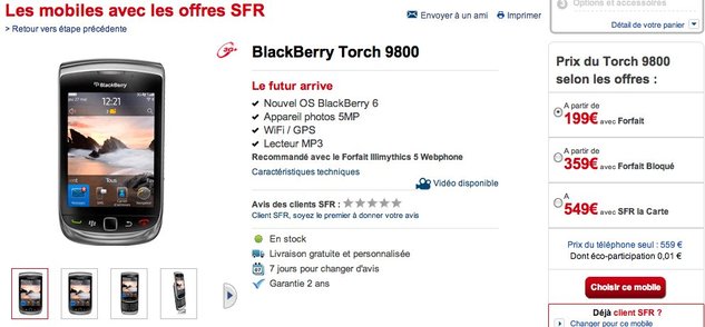 Le Blackberry Torch en vente chez Orange et SFR aujourd'hui