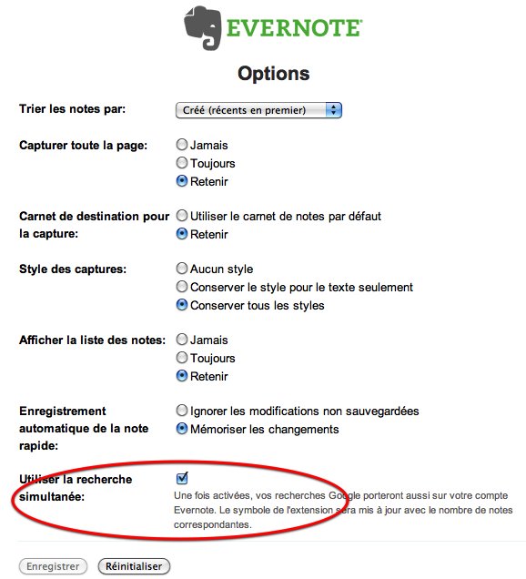 Recherche simultanée dans Google et Evernote