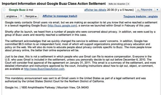 Google - Mail reçu par tous les utilisateurs de Gmail à propos de Google Buzz