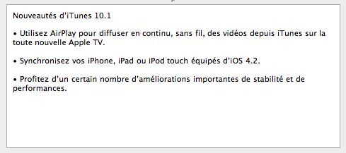 Téléchargez iTunes 10.1 mais pas iOS 4.2