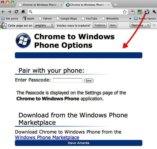 Envoie de liens de Chrome vers Windows Phone 7
