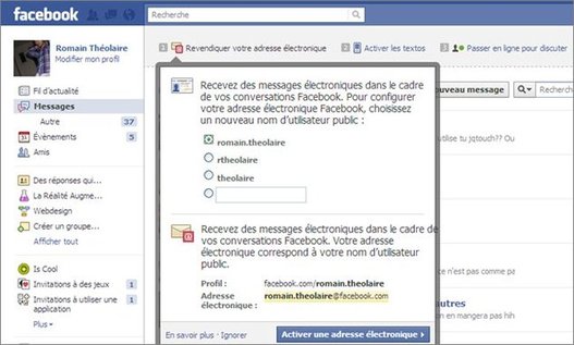 Facebook - La messagerie @facebook.com est active