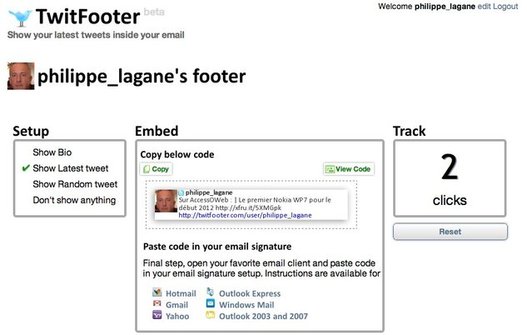 TwitFooter - Votre dernier Tweet inséré en HTML sur Gmail, le flux RSS, etc...