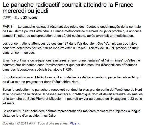 Japon - Le nuage radioactif en France le 23 ou 24 Mars 2011