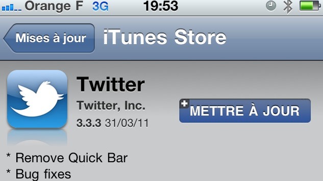 Twitter - La Quick Bar disparait de l'iPhone