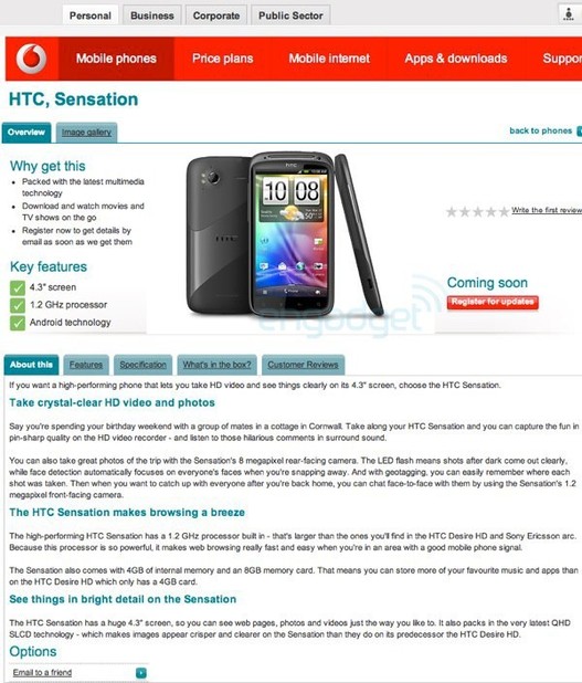 Le nouveau HTC Sensation leaké par Vodafone en images