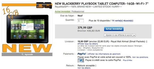 Blackberry Playbook à 430 € sur eBay
