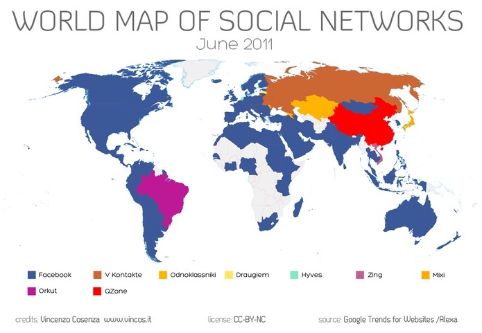 La mappemonde des réseaux sociaux - Domination de Facebook