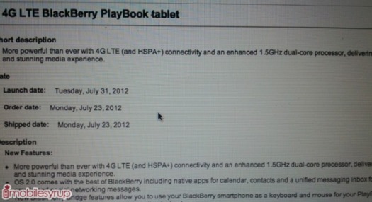 Une Blackberry Playbook 4G pour le 31 juillet 2012?