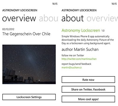 Astronomy Lockscreen - Des images de la NASA comme écrans d'accueil sur Windows Phone 8
