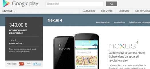 Nexus 4 - Il bascule du statut "Épuisé" à "Momentanément Indisponible" sur le Google Play
