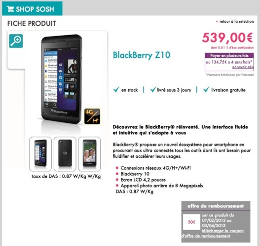 Blackberry Z10 - Disponible chez SOSH et Orange