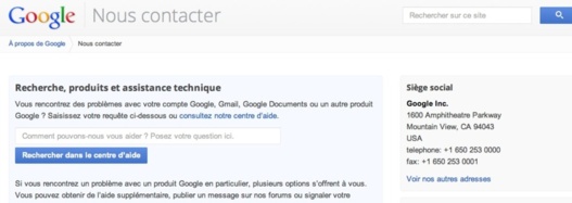 Listing des formulaires pour contacter Google